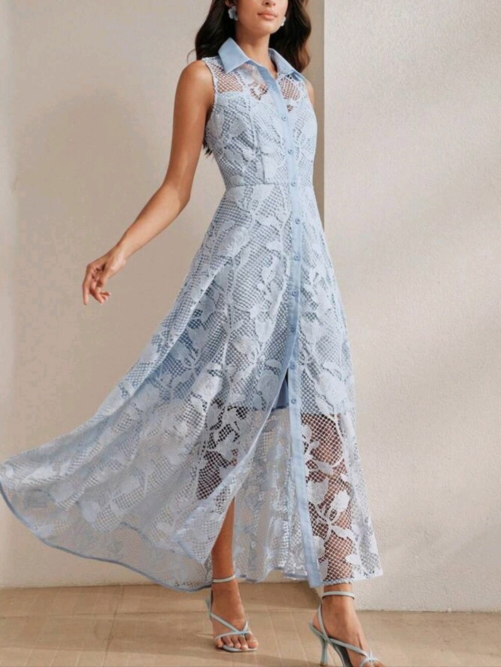 New Embroidered Sheer Lace Button Maxi Dress Sleeveless Light Blue